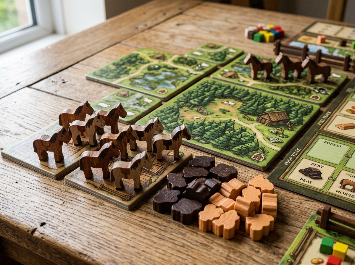 Farmers of the Moor components showing wooden horses, fuel tokens, and moor tiles - agricola expansions worth it