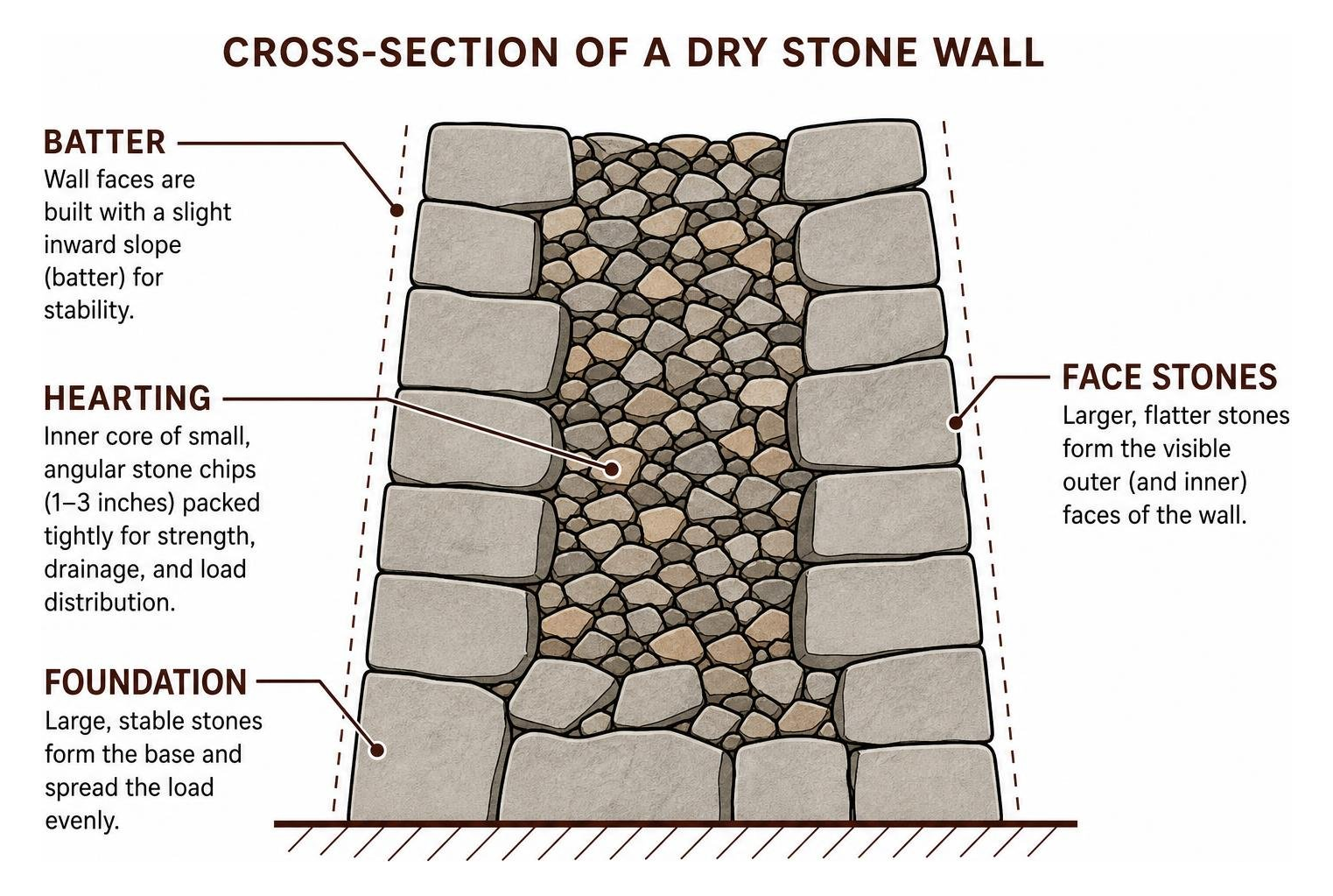 Cross-section of a dry stone wall highlighting the inner angular hearting, batter, and face stones Cross-section of a dry stone wall highlighting the inner angular hearting, batter, and face stones