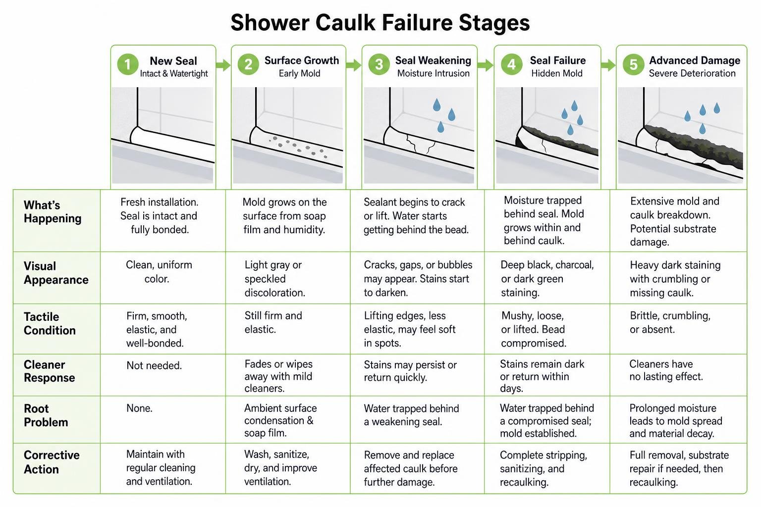 Shower caulk failure stages diagram