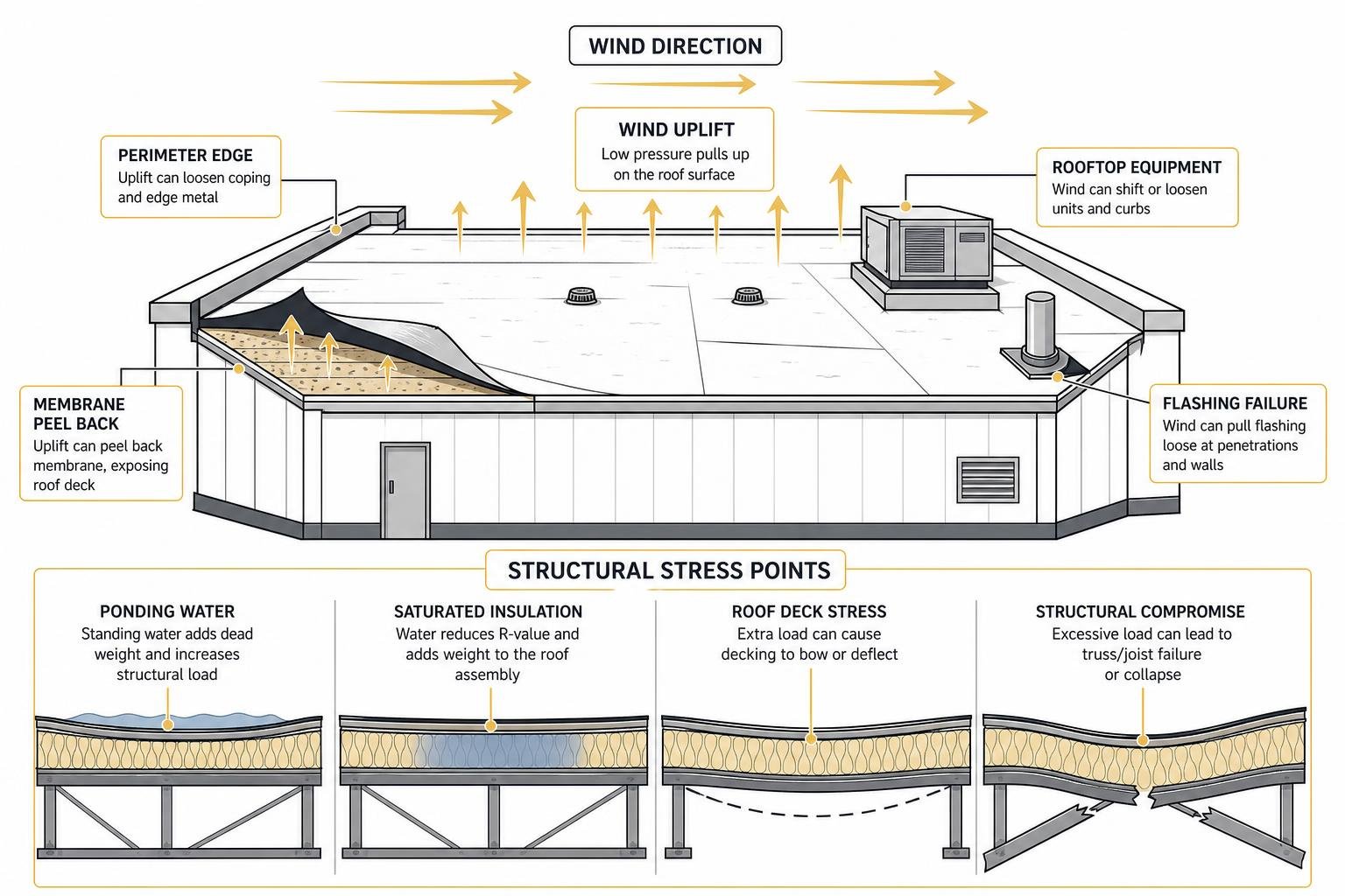 Diagram of commercial roof wind uplift and structural stress points Diagram of commercial roof wind uplift and structural stress points