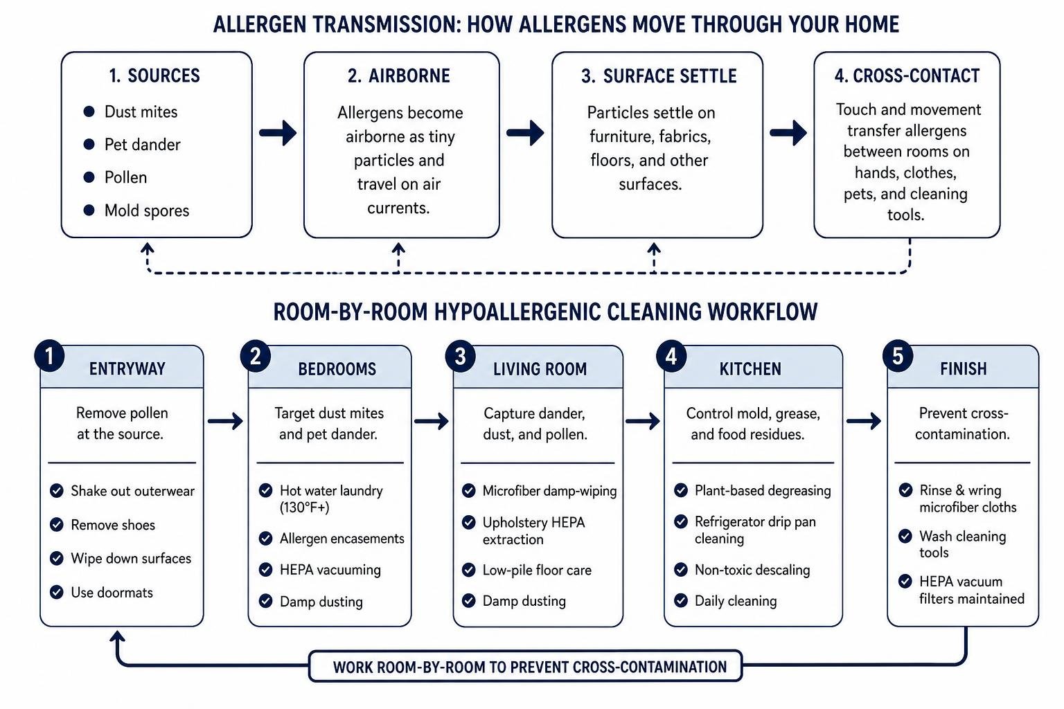 Allergen transmission and room-by-room hypoallergenic cleaning workflow Allergen transmission and room-by-room hypoallergenic cleaning workflow