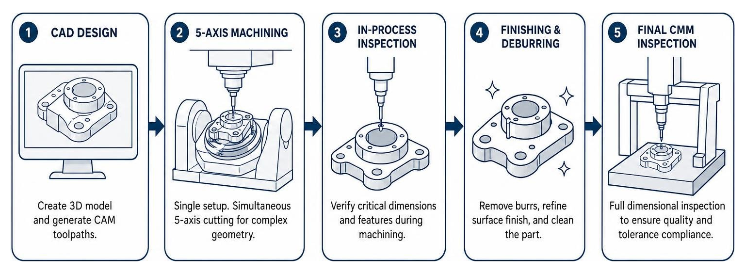 Diagram of the 5-axis machining workflow from CAD design to final CMM inspection