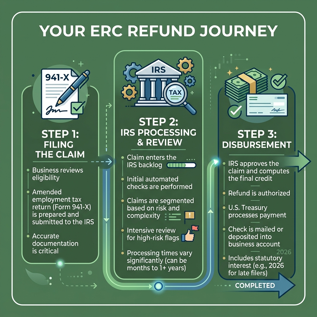 ERC refund journey infographic from Form 941-X filing to IRS processing to disbursement - when will i get my erc refund