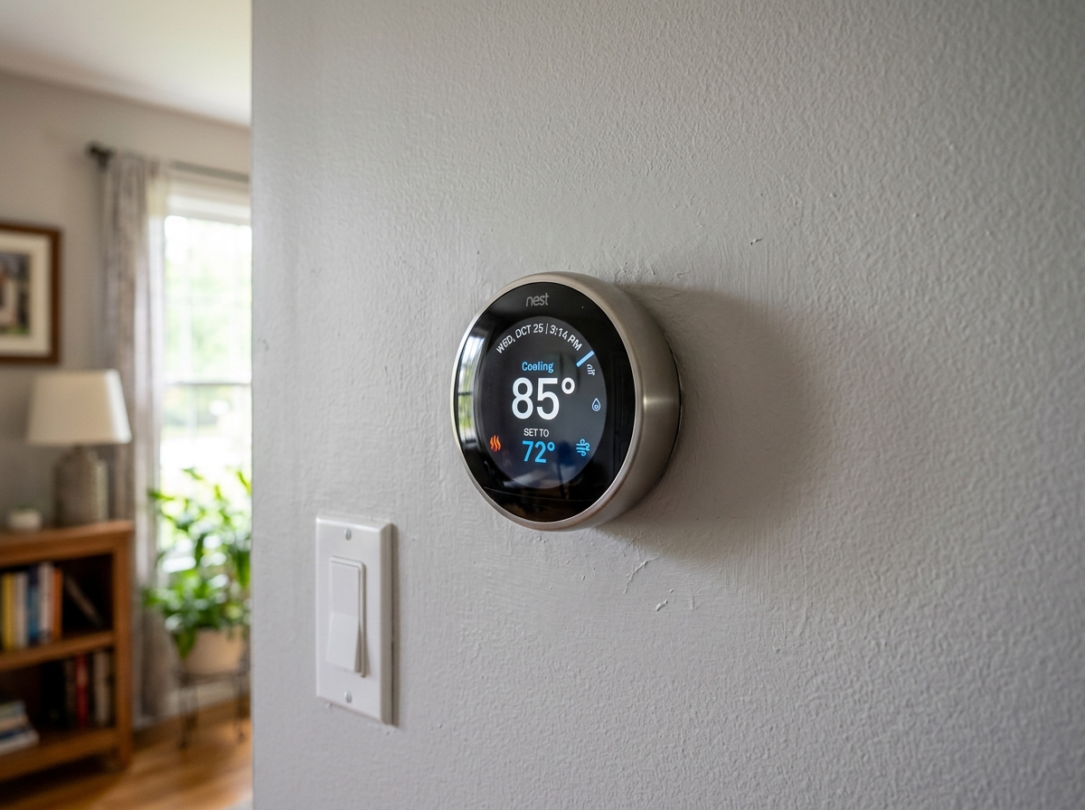 A digital thermostat in an Orange Park home showing a high indoor temperature despite being set to 72 degrees - ac repair A digital thermostat in an Orange Park home showing a high indoor temperature despite being set to 72 degrees - ac repair