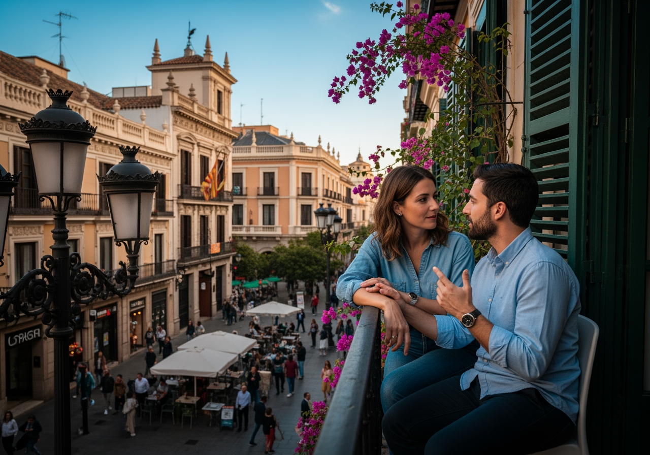A couple practising active listening on a balcony overlooking a Spanish city street - couples therapy for communication issues A couple practising active listening on a balcony overlooking a Spanish city street - couples therapy for communication issues
