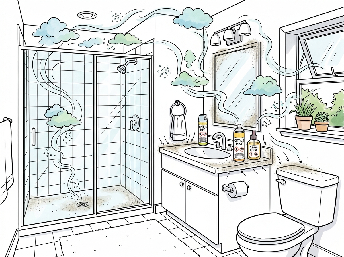 Illustration showing chemical warning labels and the invisible impact of VOCs in a small bathroom - natural bathroom odor Illustration showing chemical warning labels and the invisible impact of VOCs in a small bathroom - natural bathroom odor