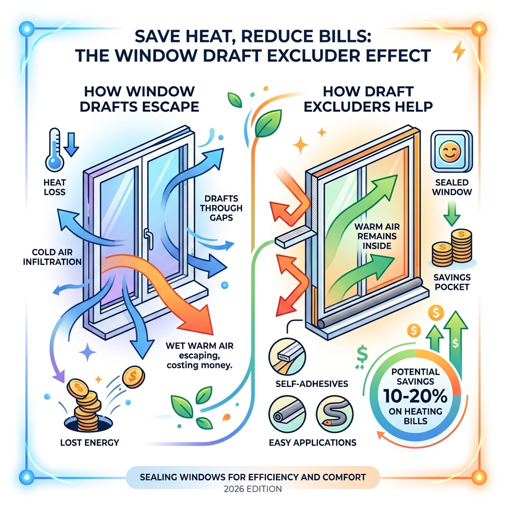 Infographic showing how window drafts cause heat loss and how draft excluders reduce heating bills - window draft excluder
