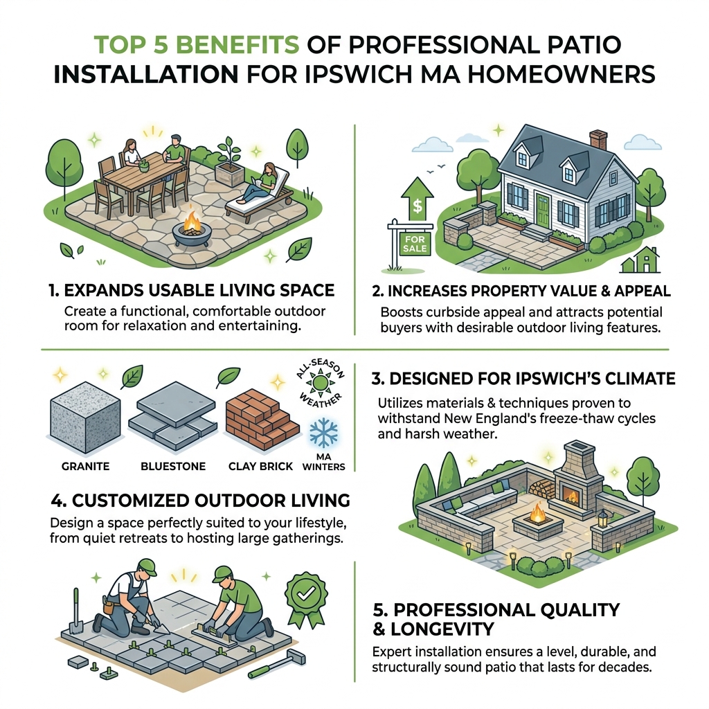Top 5 benefits of professional patio installation for Ipswich MA homeowners infographic - Patio installation Ipswich MA