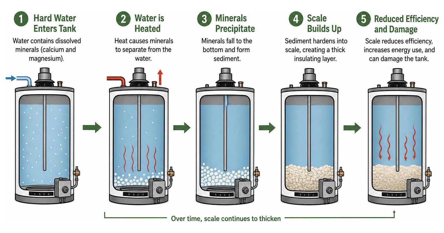Diagram showing how hard water scale builds up inside a water heater tank Diagram showing how hard water scale builds up inside a water heater tank