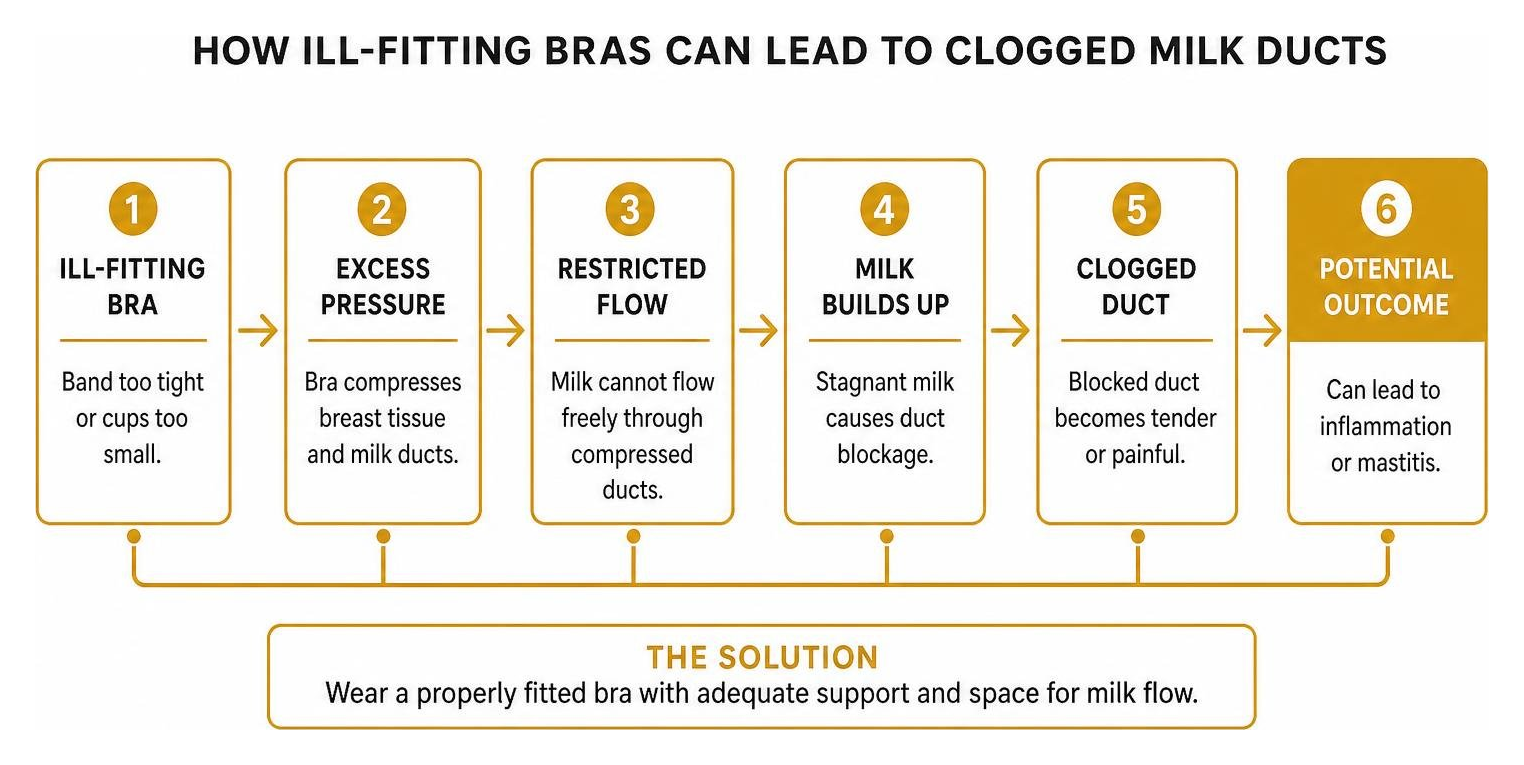 Cause-and-effect flow chart connecting ill-fitting bras to clogged milk ducts