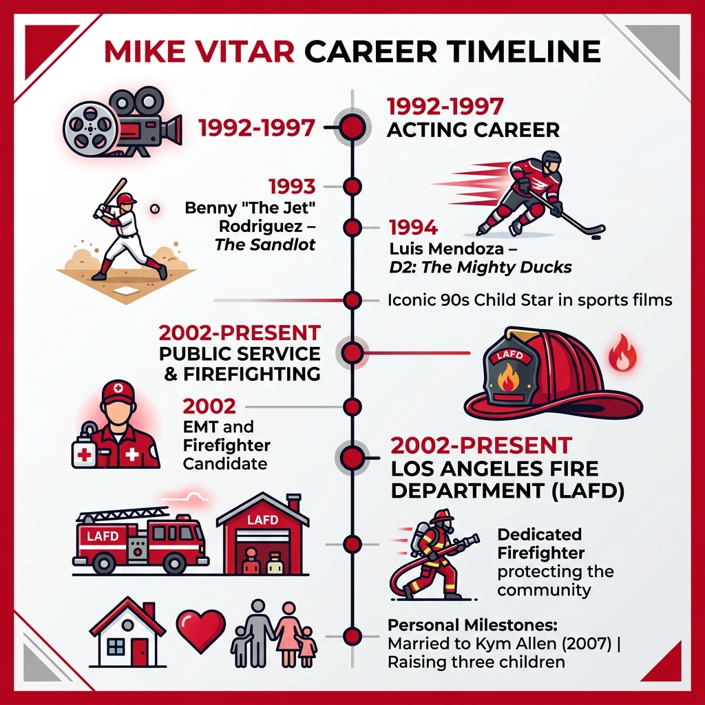 Mike Vitar career timeline from child actor in 1992 to LAFD firefighter present day - mike vitar infographic 