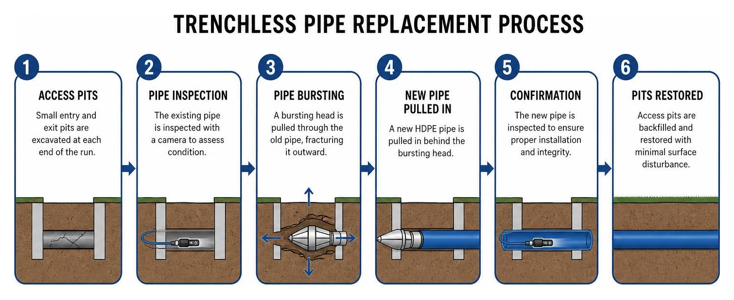 Trenchless pipe replacement process diagram