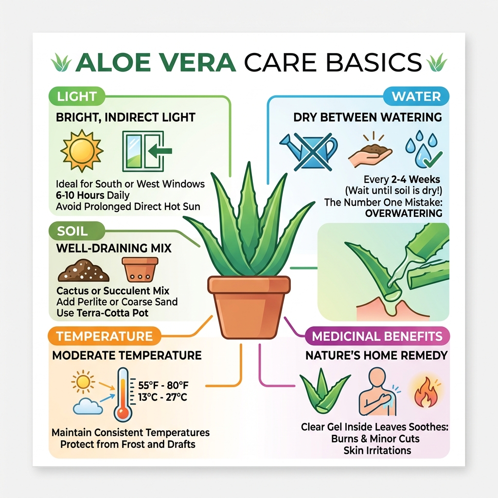 Aloe vera care basics infographic: light, water, soil, temperature, and medicinal benefits - aloe vera plant care indoors Aloe vera care basics infographic: light, water, soil, temperature, and medicinal benefits - aloe vera plant care indoors