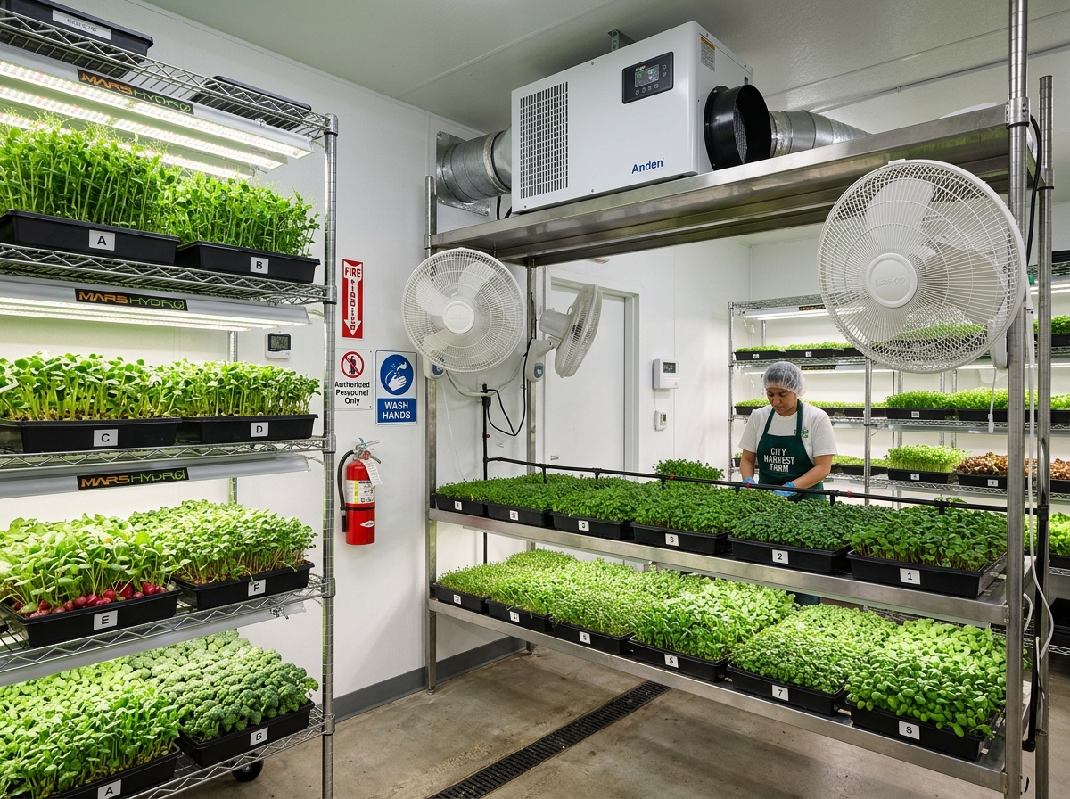 Professional grow room showing a dehumidifier mounted high on a shelf to capture rising warm air - microgreens dehumidifier