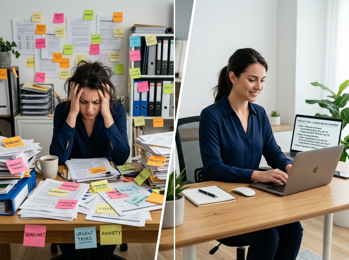 Comparison between manual planning which causes overwhelm versus AI goal decomposition which creates clarity - ai Comparison between manual planning which causes overwhelm versus AI goal decomposition which creates clarity - ai