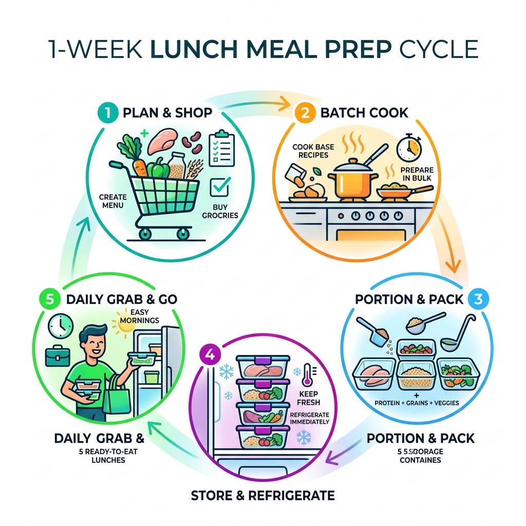 1 week lunch meal prep cycle infographic showing shopping, batch cooking, portioning, storage, and daily grab-and-go - 1 1 week lunch meal prep cycle infographic showing shopping, batch cooking, portioning, storage, and daily grab-and-go - 1