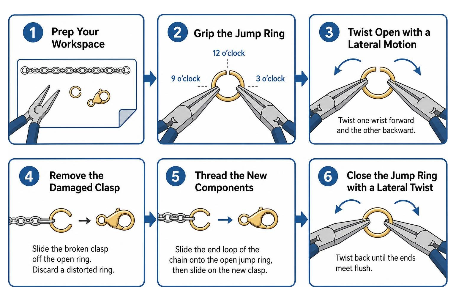 Step by step process for replacing a jewelry clasp using jump rings