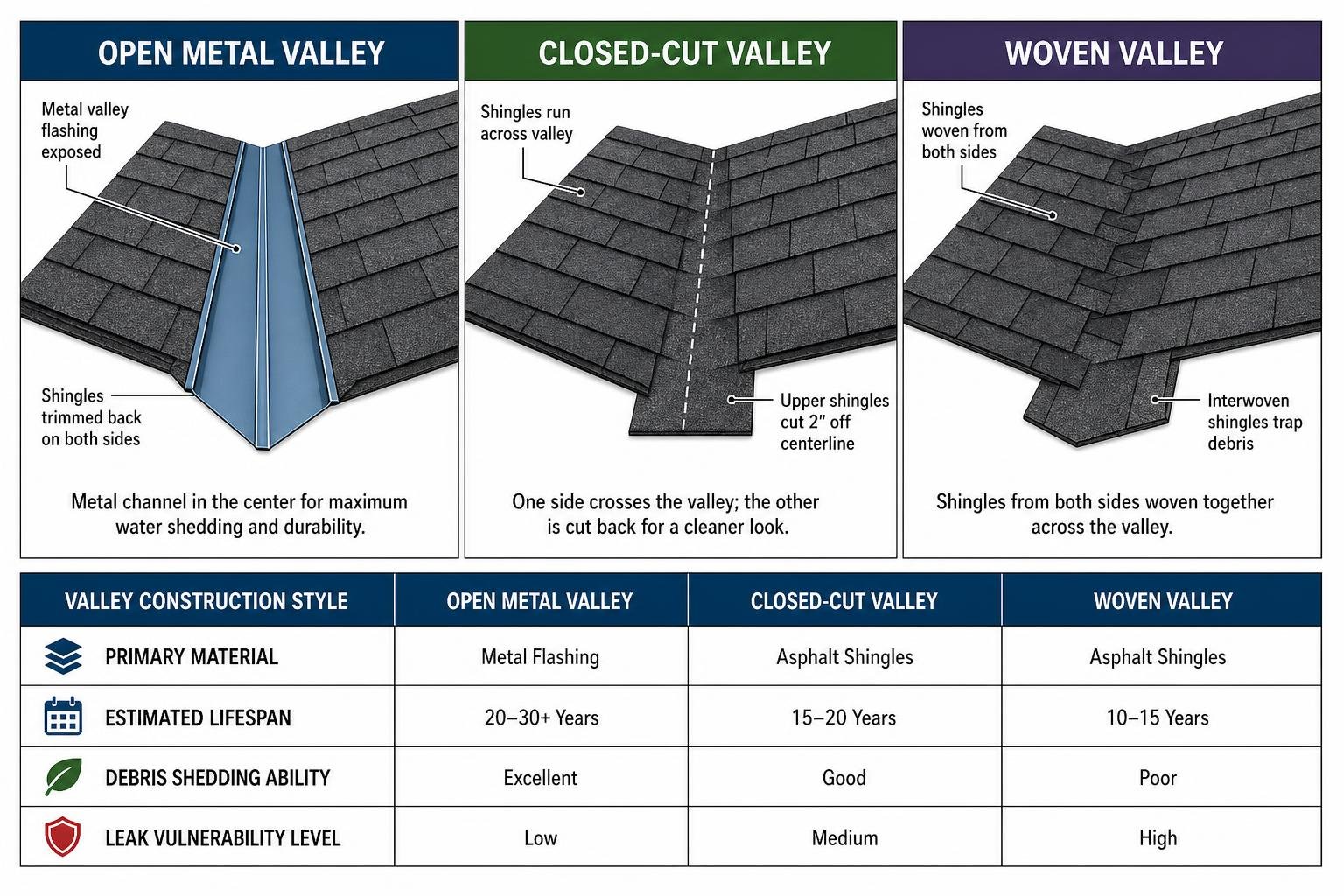 Diagram showing comparison between open metal valley, closed-cut valley, and woven valley construction Diagram showing comparison between open metal valley, closed-cut valley, and woven valley construction