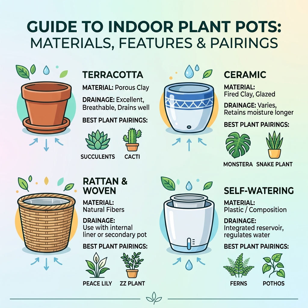 Types of indoor plant pots with materials, drainage features, and best plant pairings - ideas for indoor plant pots