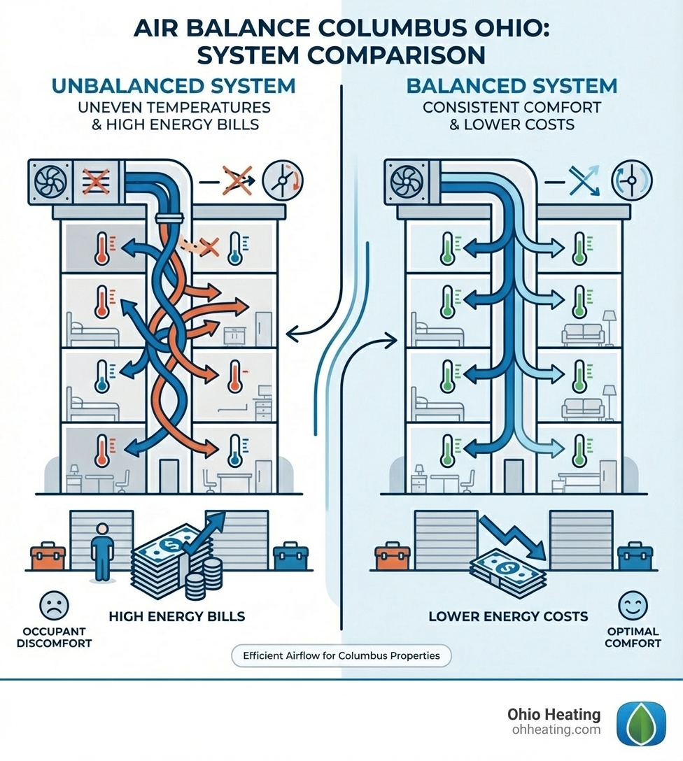 Infographic showing a side-by-side comparison of an unbalanced HVAC system with uneven temperatures and high energy bills versus a balanced system with consistent comfort and lower costs, including arrows showing proper airflow distribution throughout a building - air balance columbus ohio infographic 