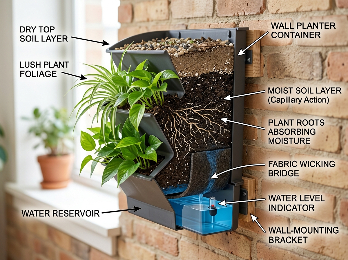 Cross-section of a self-watering planter showing water reservoir, wicking bridge, and soil layer - diy self watering wall