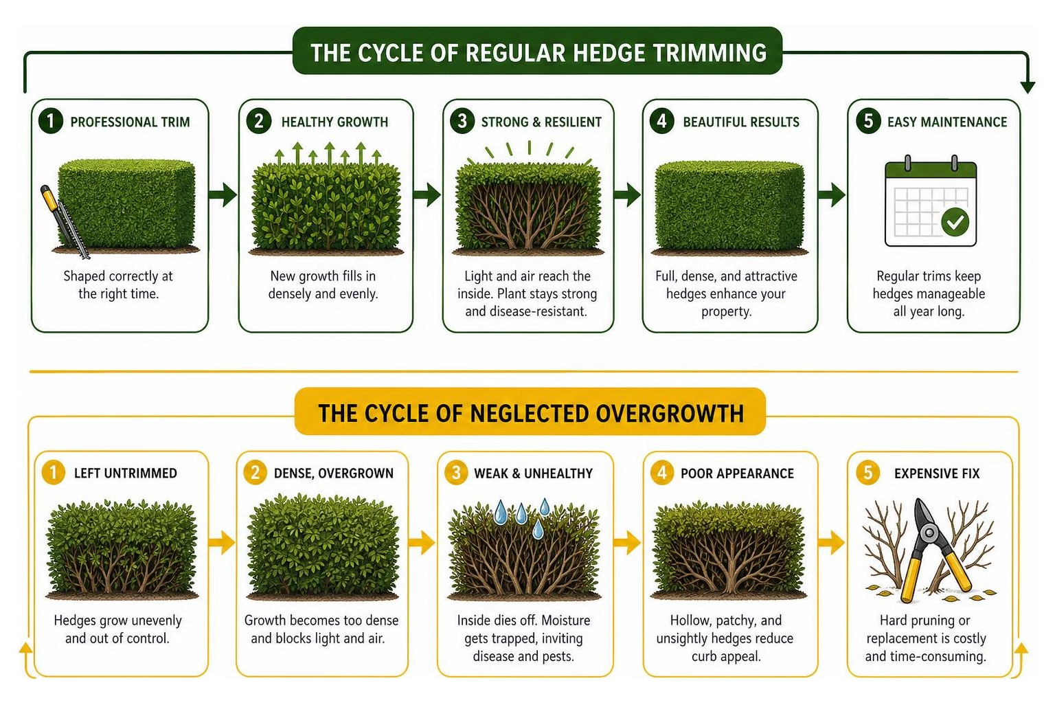 Diagram showing the cycle of regular hedge trimming vs neglected overgrowth