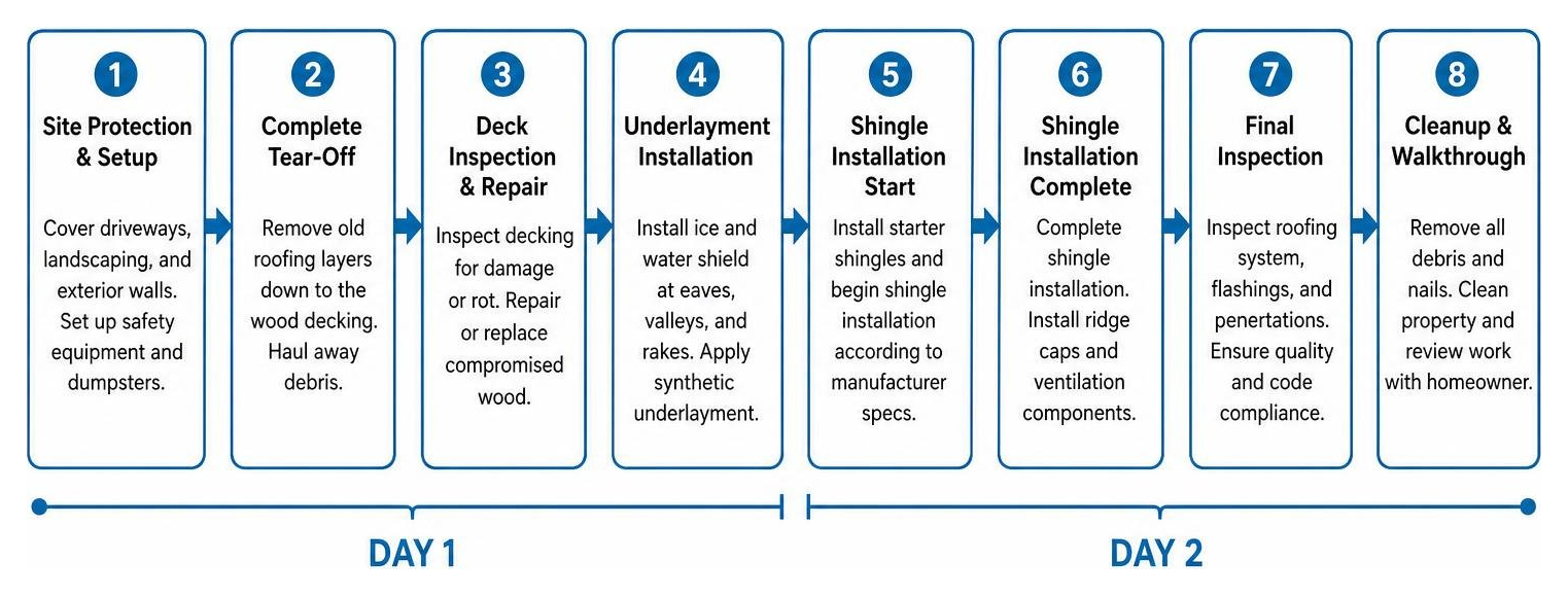 Sequence and timeline of a complete residential roof replacement project