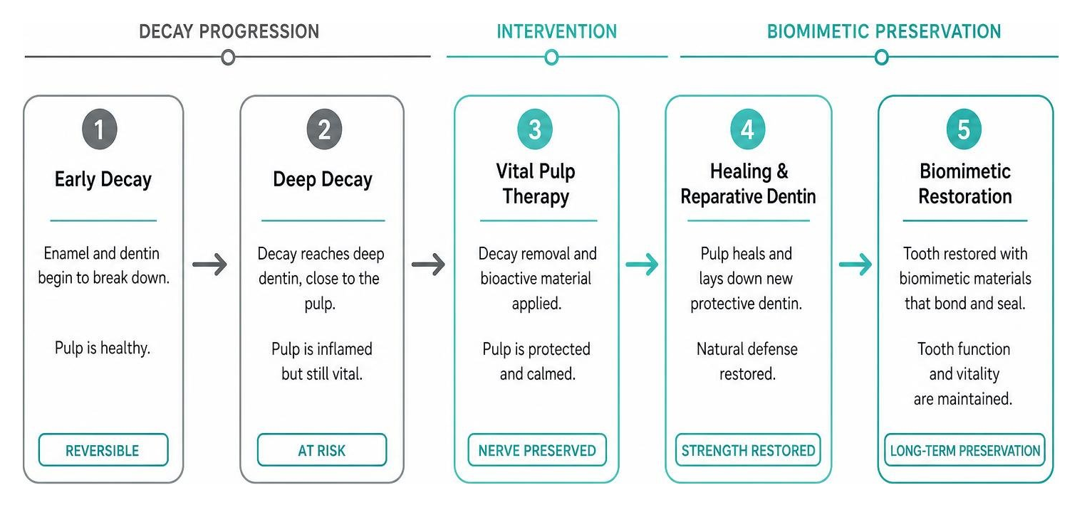 Diagram showing progression from decay to vital pulp therapy and biomimetic preservation
