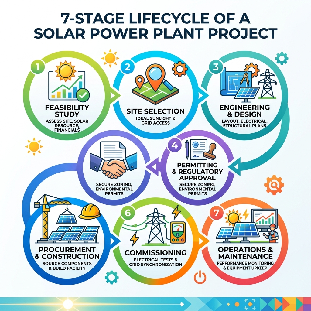 7-stage lifecycle of a solar power plant project from feasibility to operations - building a solar power plant infographic 7-stage lifecycle of a solar power plant project from feasibility to operations - building a solar power plant infographic