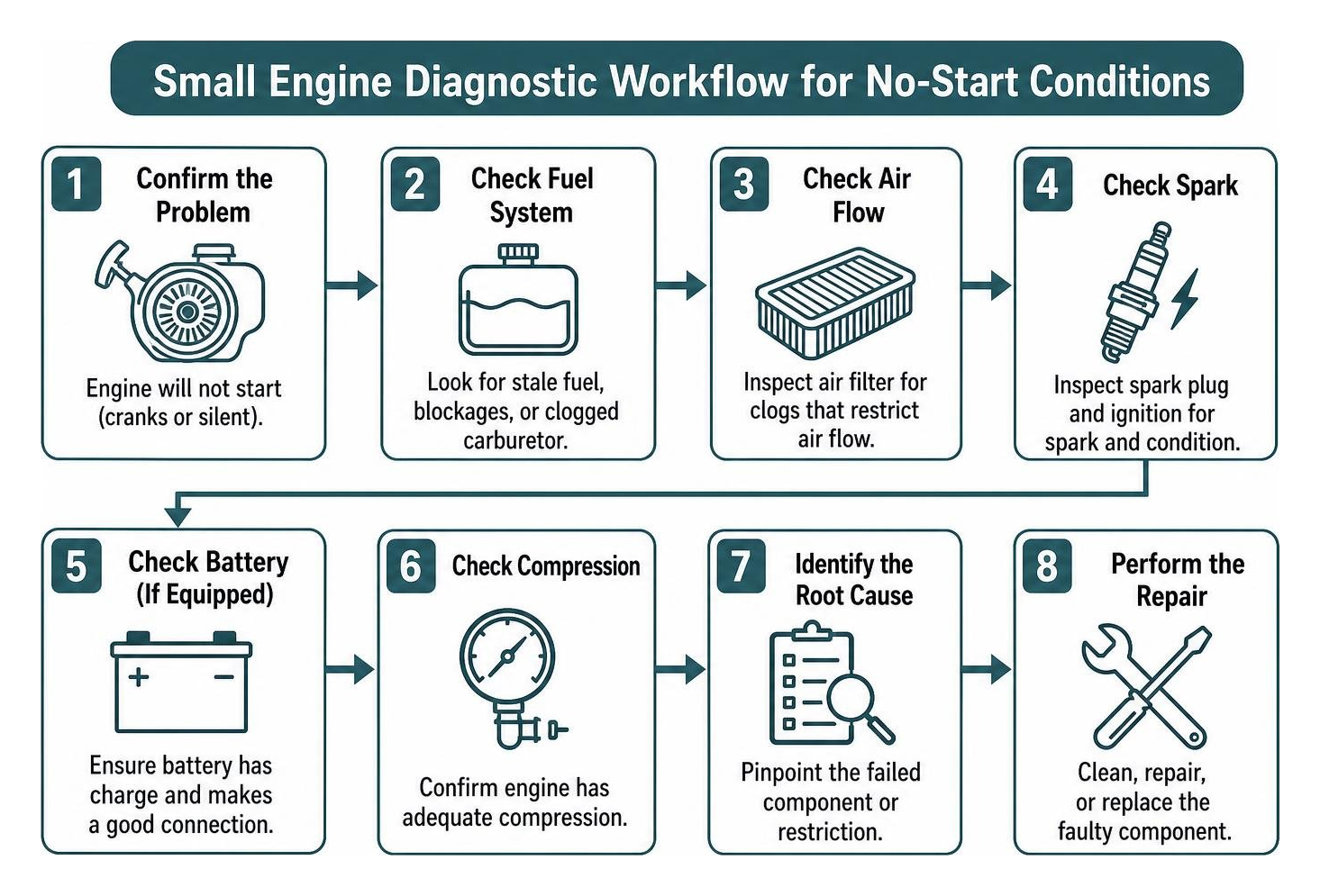 Small engine diagnostic workflow for no-start conditions