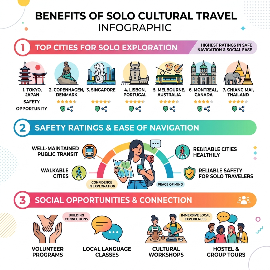 Benefits of solo cultural travel infographic showing top cities, safety ratings, and social opportunities - solo exploration Benefits of solo cultural travel infographic showing top cities, safety ratings, and social opportunities - solo exploration