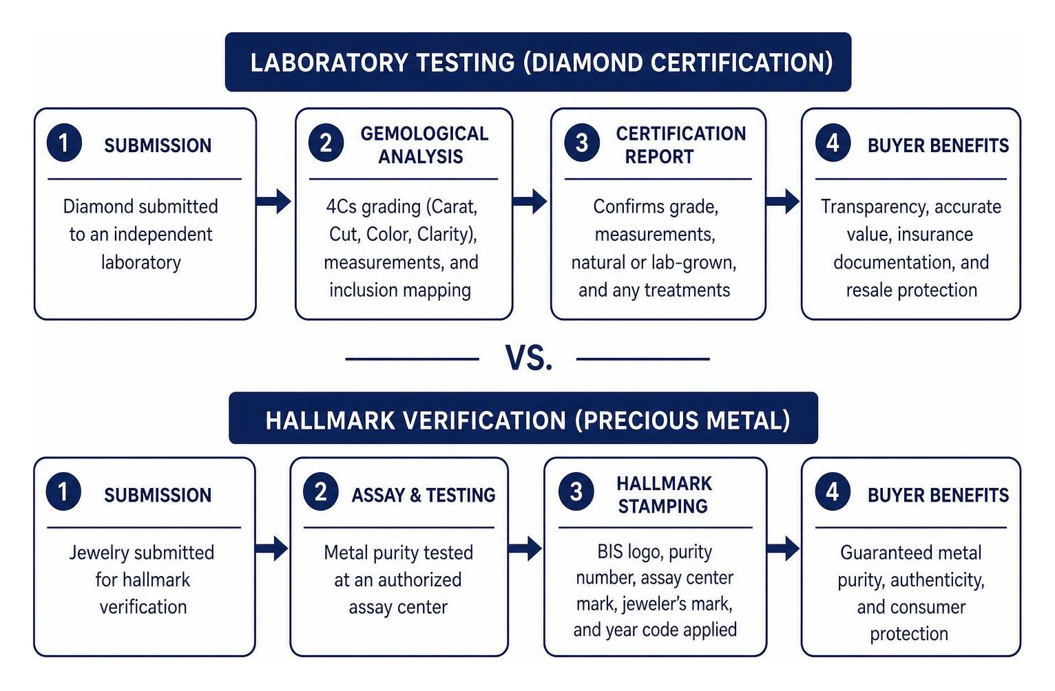 Certification workflow comparing laboratory testing to hallmark verification