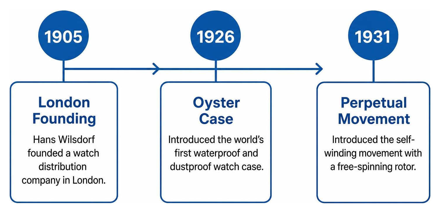 Key milestones in Rolex history: London founding 1905, Oyster case 1926, Perpetual movement 1931