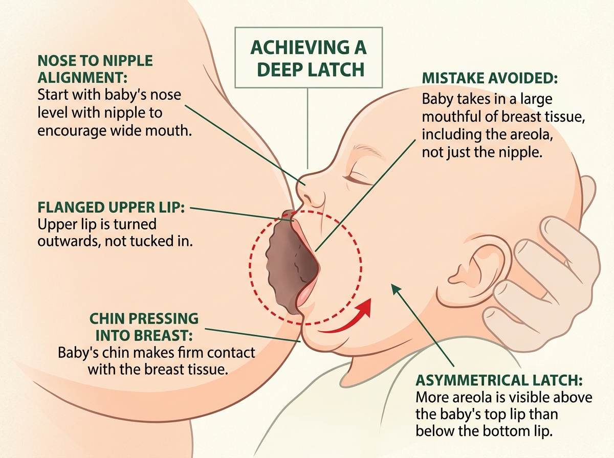 Illustration showing a baby achieving a deep latch on the areola - inverted nipple after pregnancy