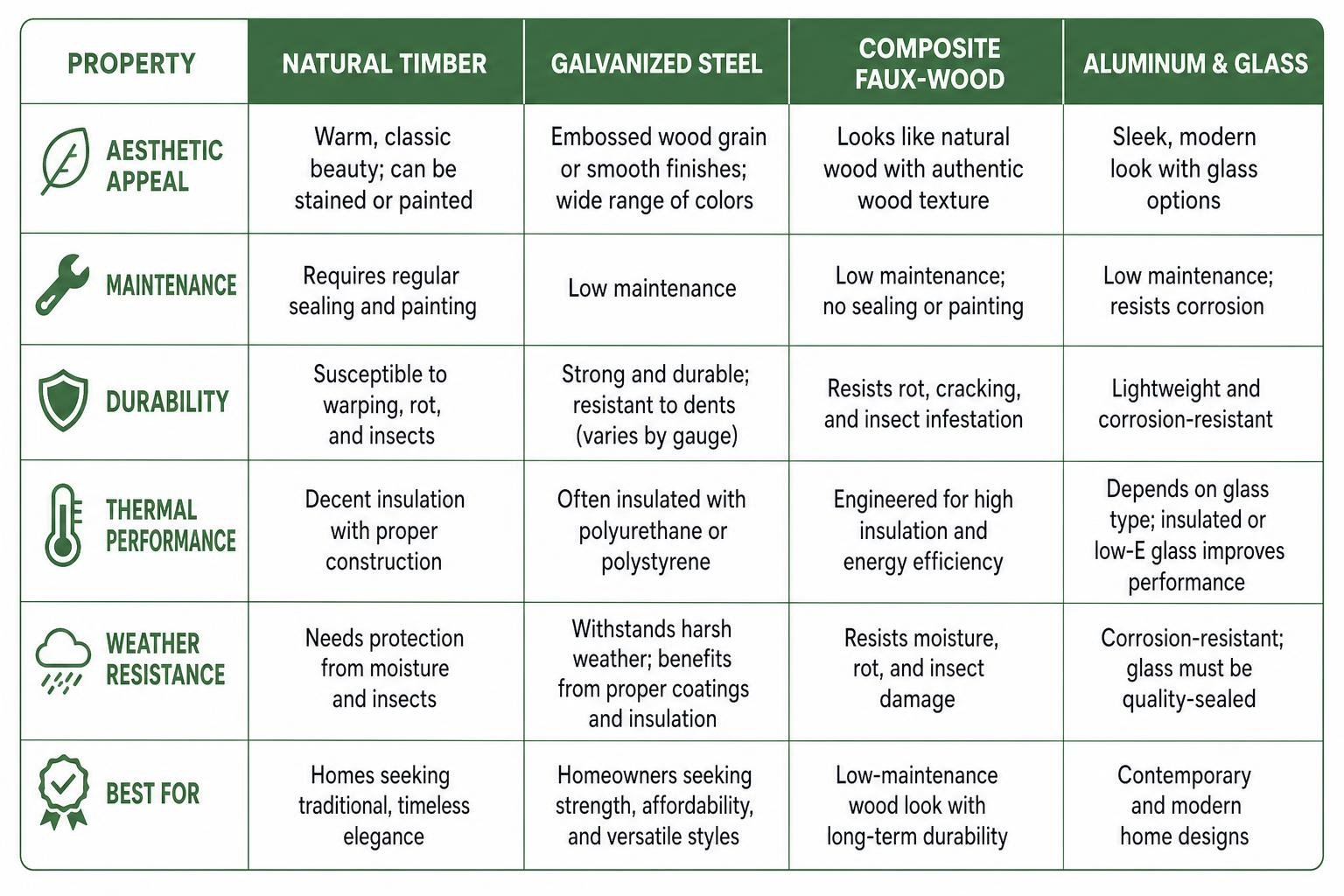 comparison of garage door materials by properties