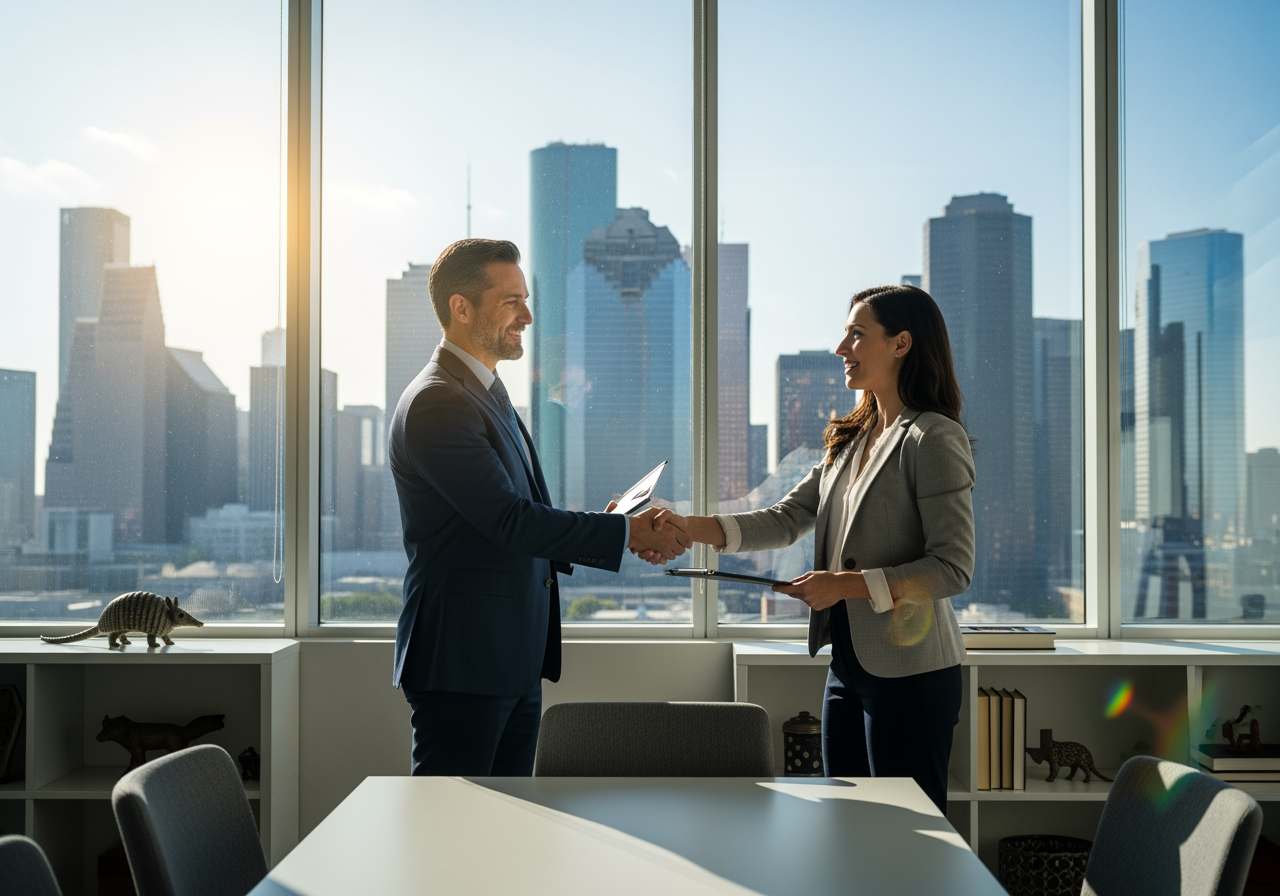 Business owner and marketing expert shaking hands in a modern Houston office. Metadata: Subject - Partnership; Location - Houston, Texas. - best advertising agencies in houston
