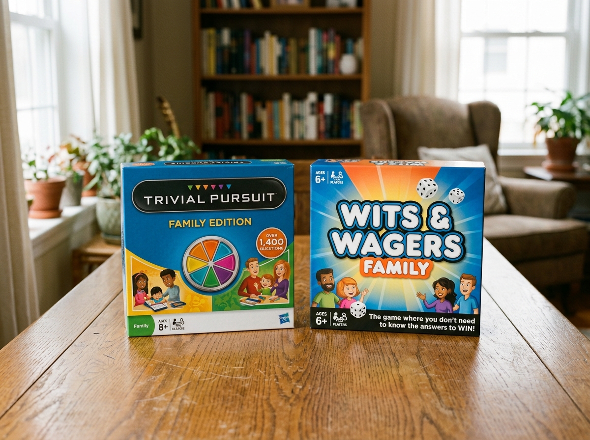 Trivial Pursuit and Wits & Wagers boxes side by side - trivia family board games Trivial Pursuit and Wits & Wagers boxes side by side - trivia family board games