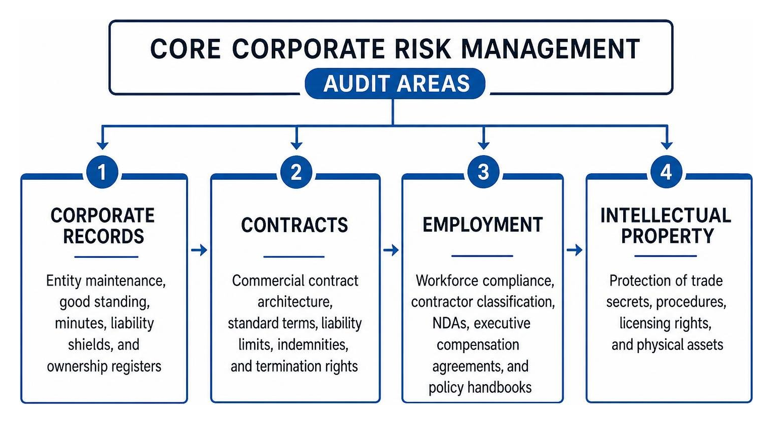 core corporate risk management audit areas including corporate records contracts employment and ip