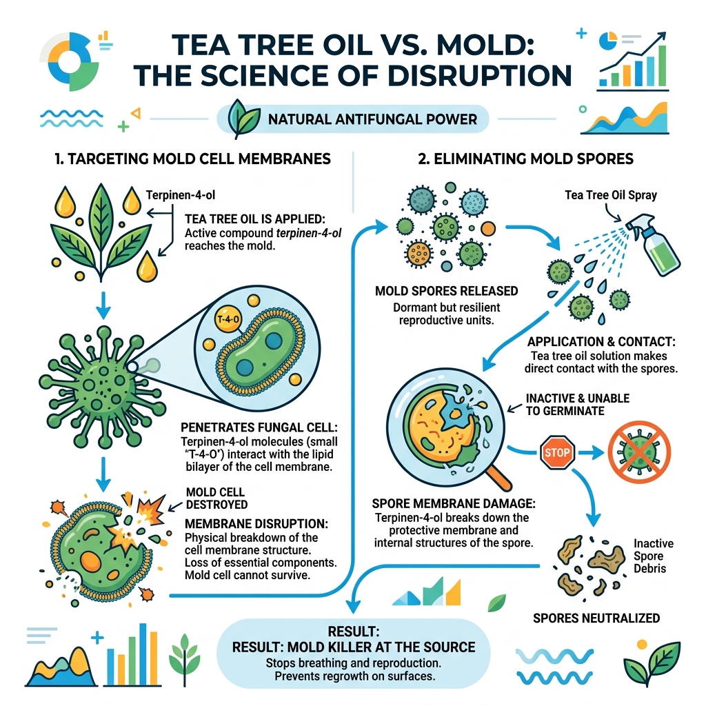Infographic showing how terpinen-4-ol in tea tree oil disrupts mold cell membranes and eliminates spores - tea tree mold Infographic showing how terpinen-4-ol in tea tree oil disrupts mold cell membranes and eliminates spores - tea tree mold