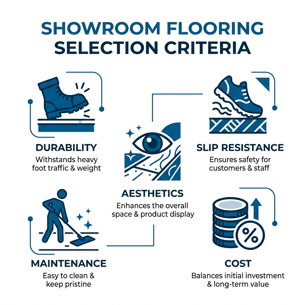 Showroom flooring selection criteria infographic: key factors including durability, slip resistance, aesthetics Showroom flooring selection criteria infographic: key factors including durability, slip resistance, aesthetics