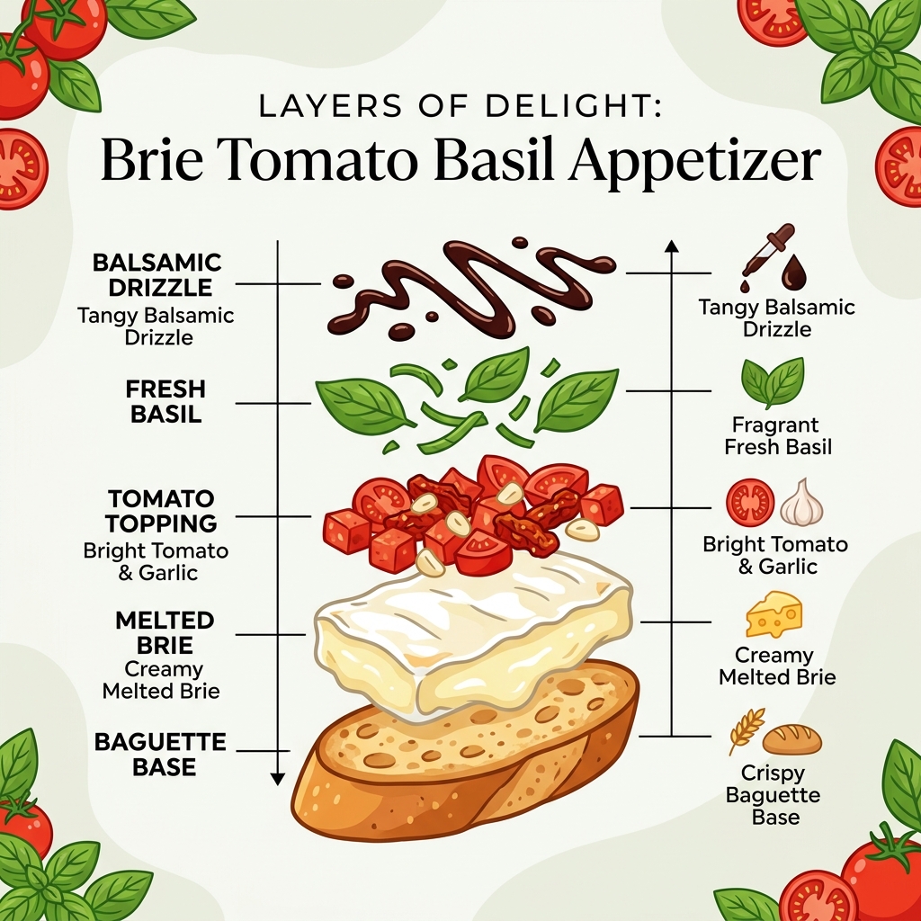 Infographic showing layers of a brie tomato basil appetizer: baguette base, melted brie, tomato topping, fresh basil