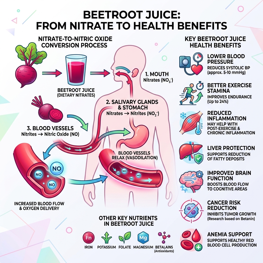Infographic showing nitrate-to-nitric-oxide conversion process in the body and key beetroot juice health benefits - beetroot