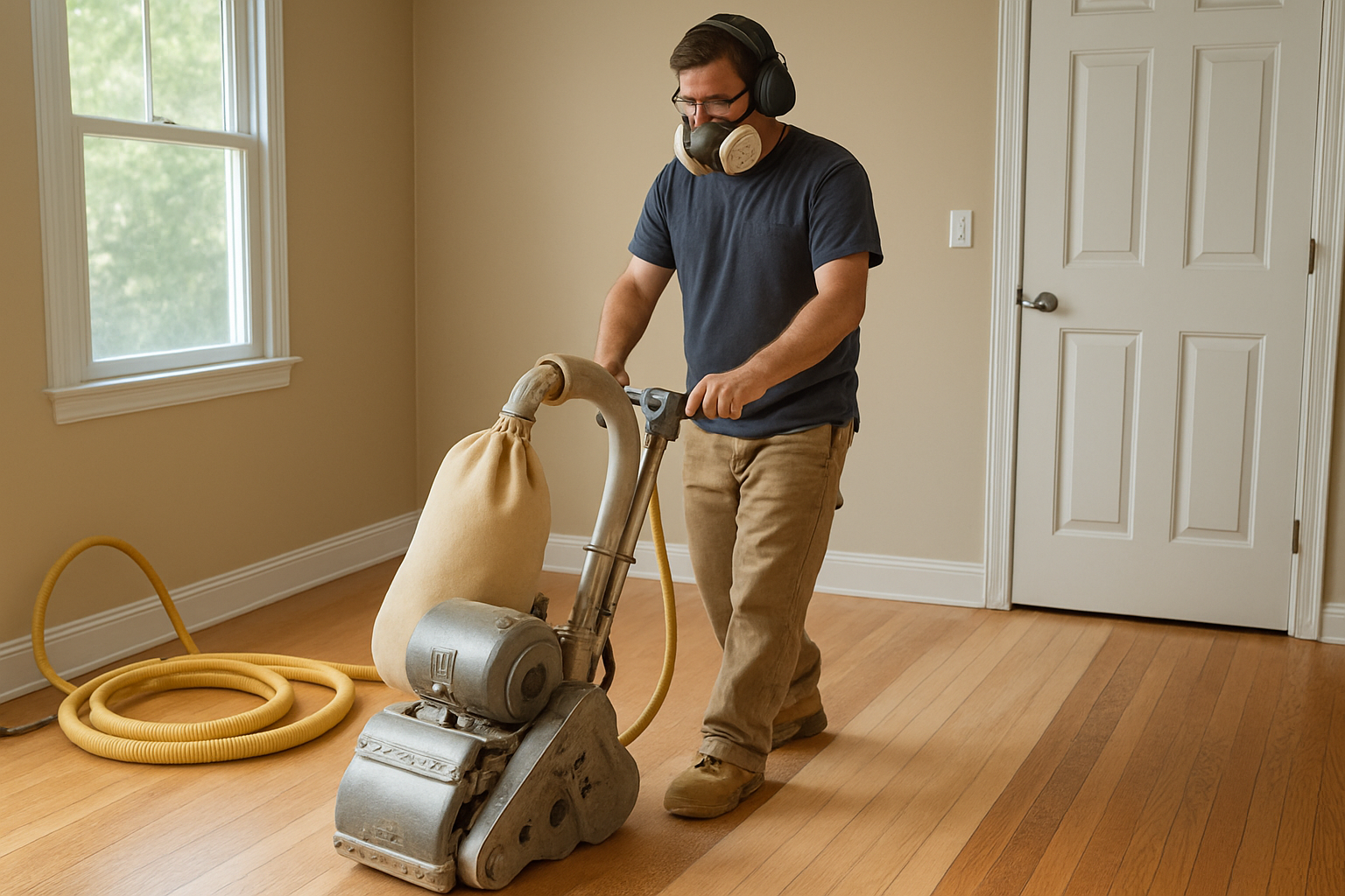 professional using drum sander on hardwood floor - hardwood floor refinishing companies