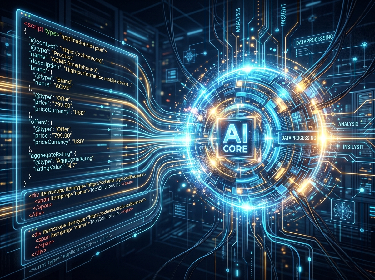 Graphic showing structured data code and schema markup being parsed by an AI model - generative ai seo services