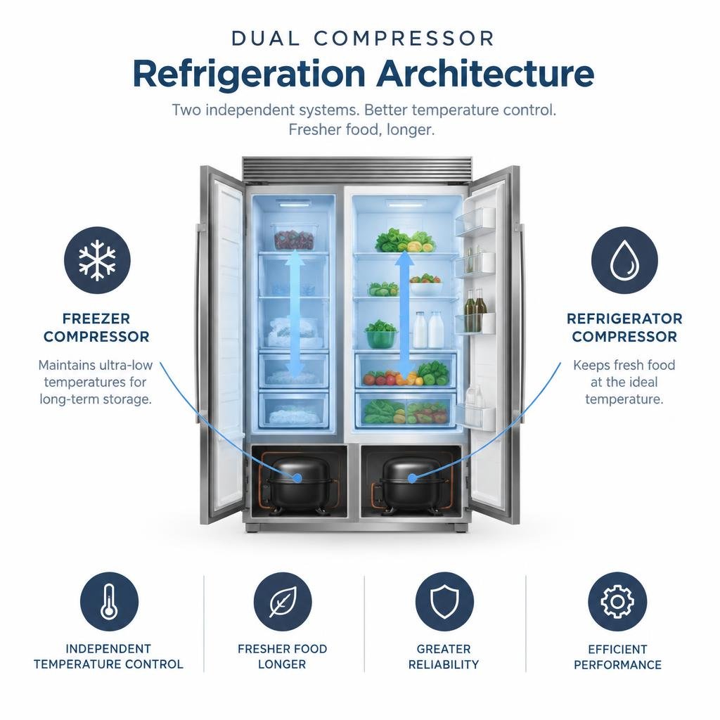 dual compressor refrigeration architecture infographic