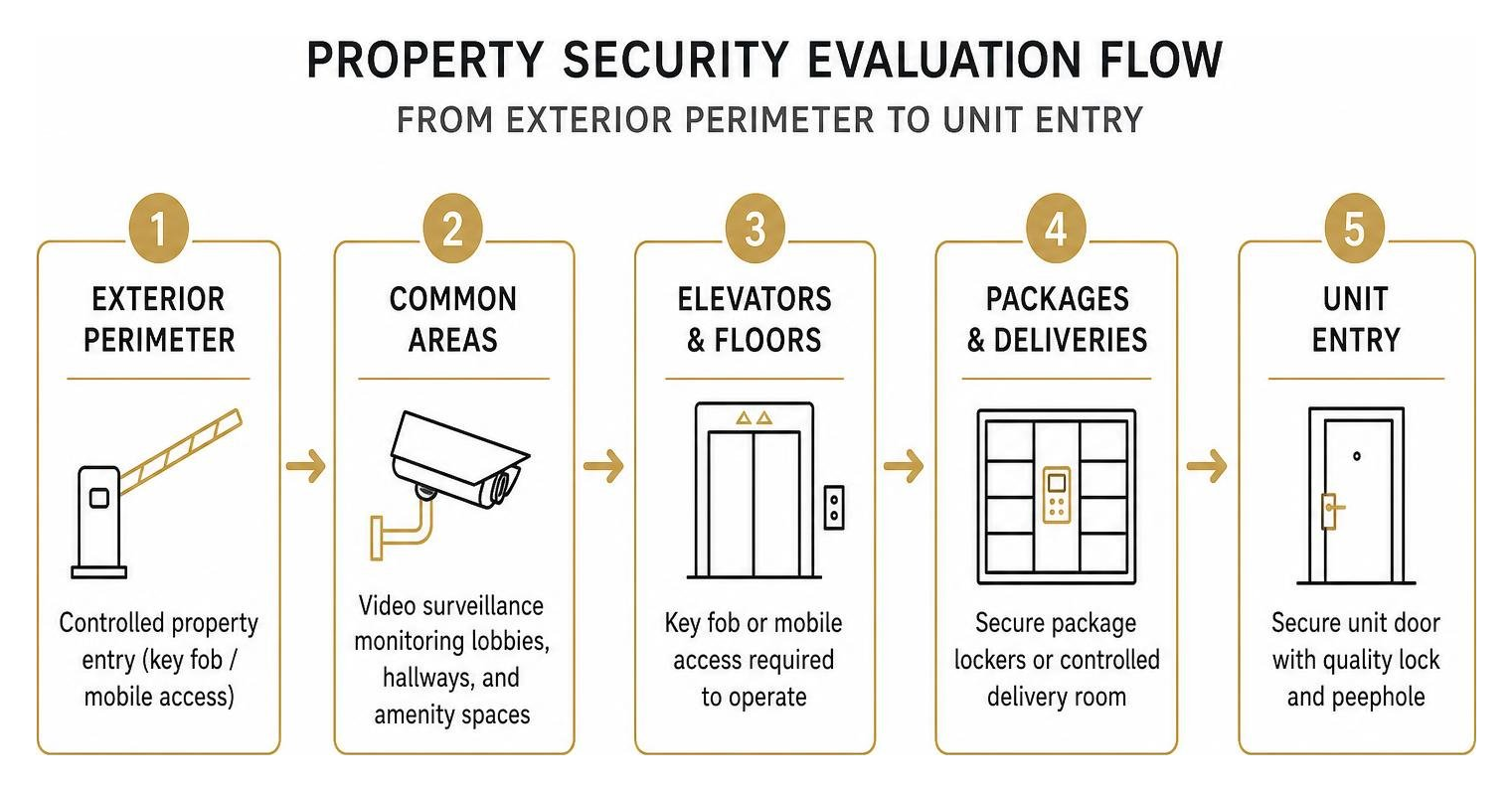 Property security evaluation flow from exterior perimeter to unit entry