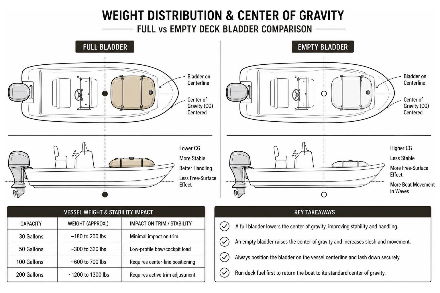 Diagram comparing weight distribution and center of gravity with full versus empty deck bladders Diagram comparing weight distribution and center of gravity with full versus empty deck bladders
