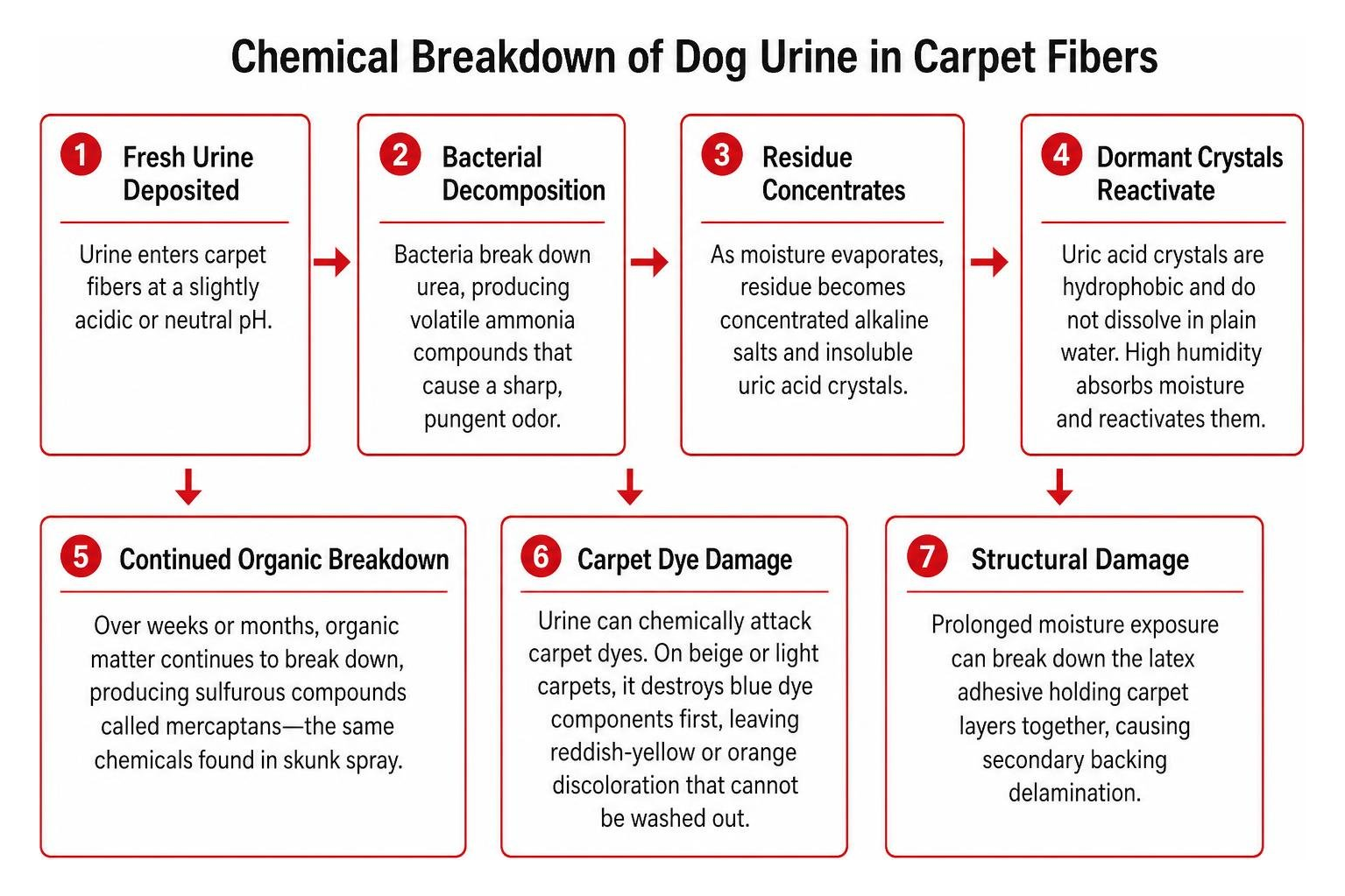 Chemical breakdown of dog urine in carpet fibers