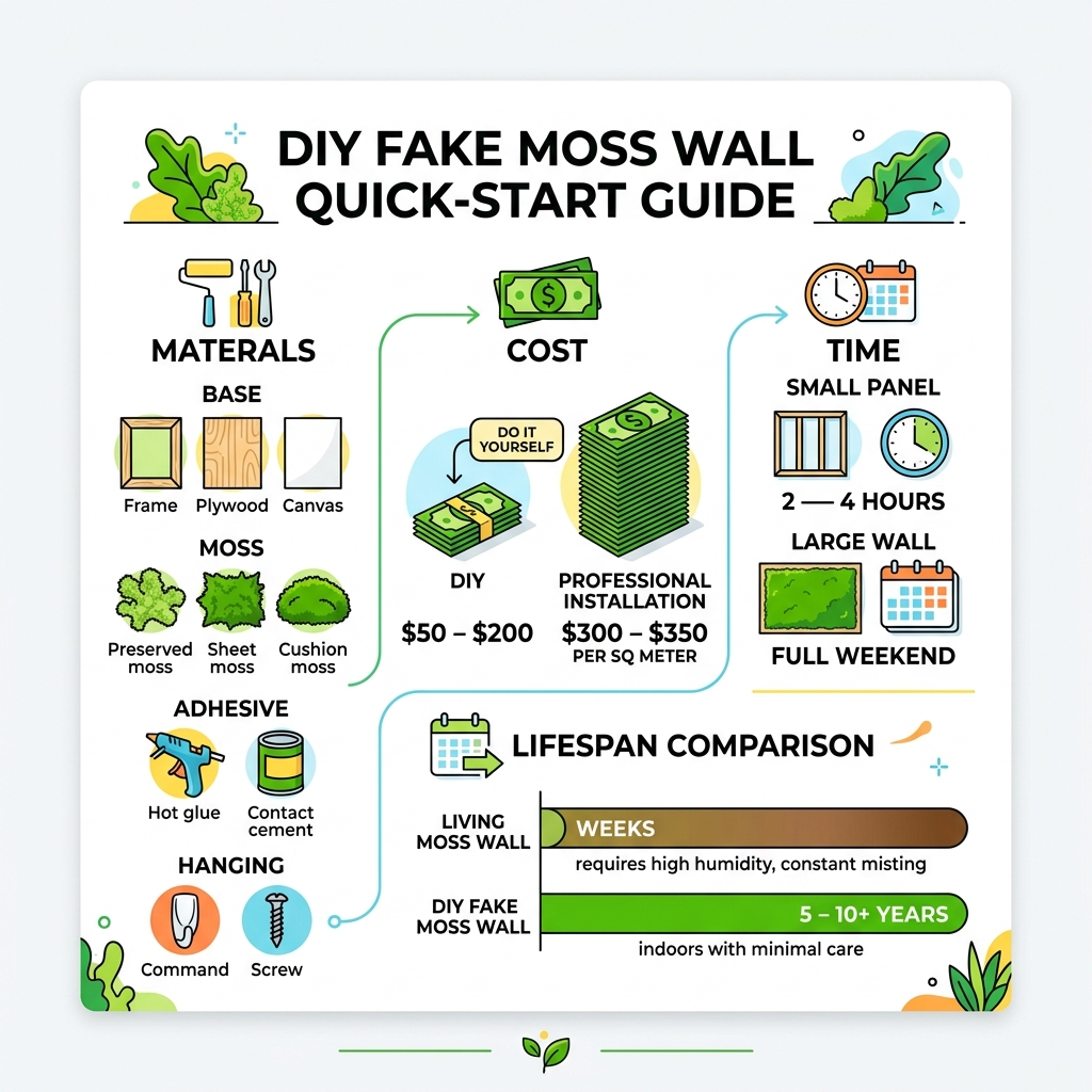 DIY fake moss wall quick-start guide: materials, cost, time, and lifespan comparison - diy fake moss wall infographic DIY fake moss wall quick-start guide: materials, cost, time, and lifespan comparison - diy fake moss wall infographic