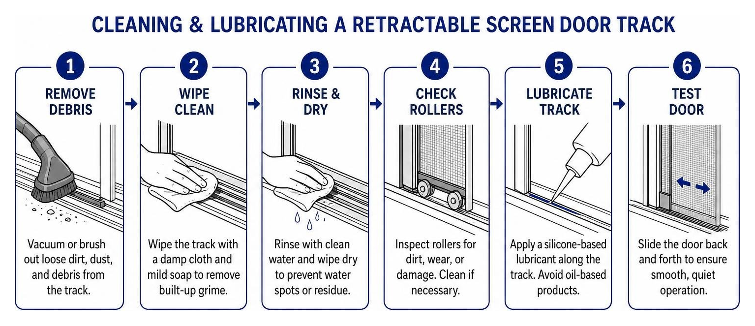 Diagram showing the steps of cleaning and lubricating a retractable screen door track